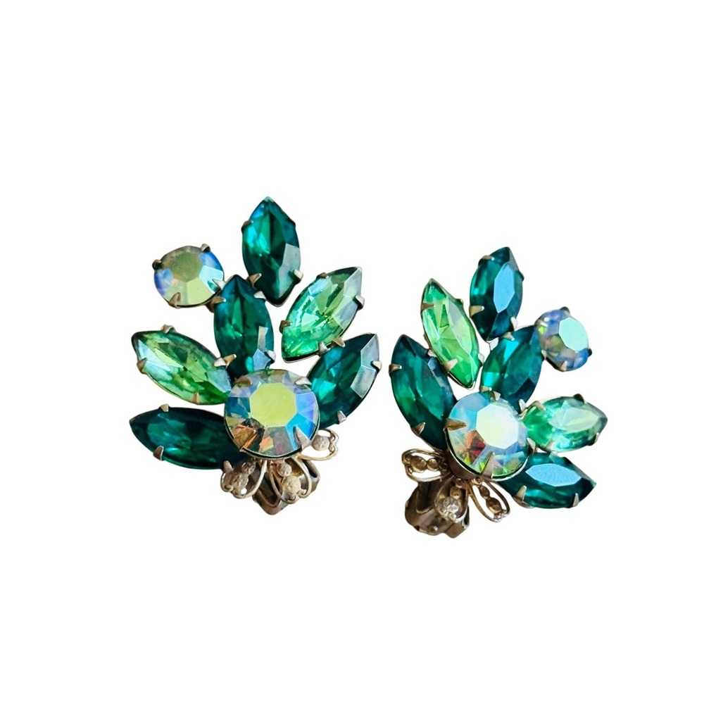 VTG Beau Jewels Signed Earrings Green Crystal Rhinestone Clip Statement Sparkly